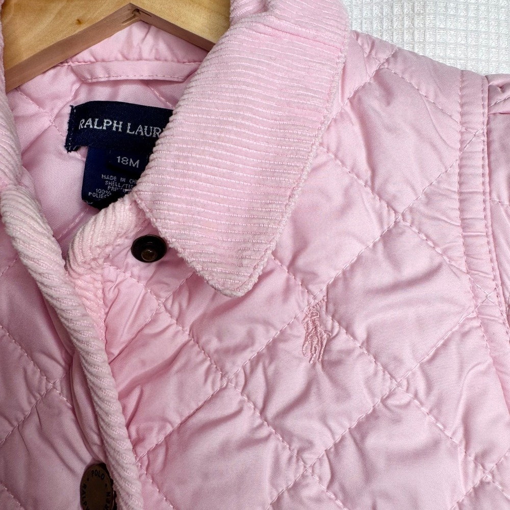 Ralph Lauren Pink Quilted Jacket 18M Corduroy Collar Barn Coat Kids Outerwear - Picture 3 of 9